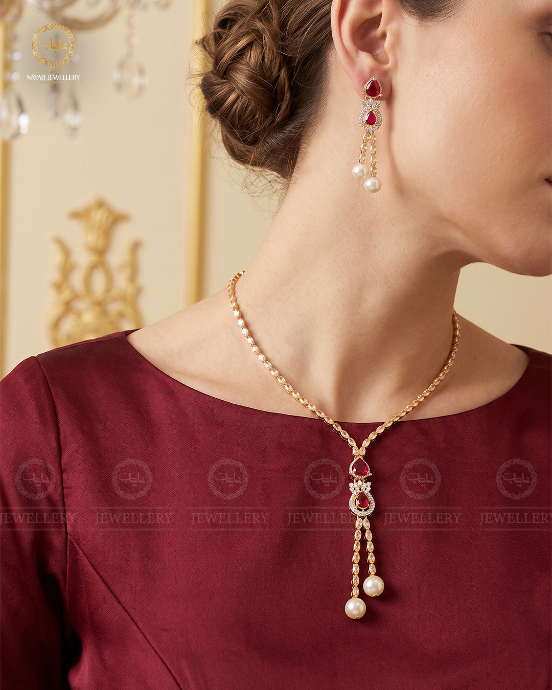 Turkish Zirconia Necklace set-2557-Golden