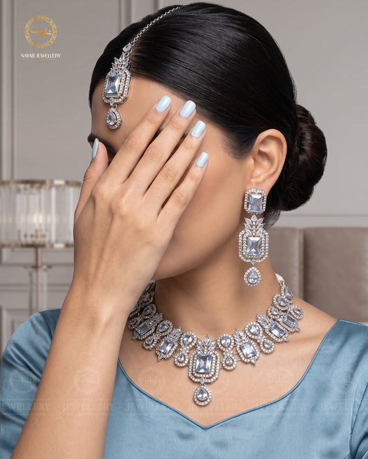 Zirconia Doublet stones Necklace set-2572-Silver