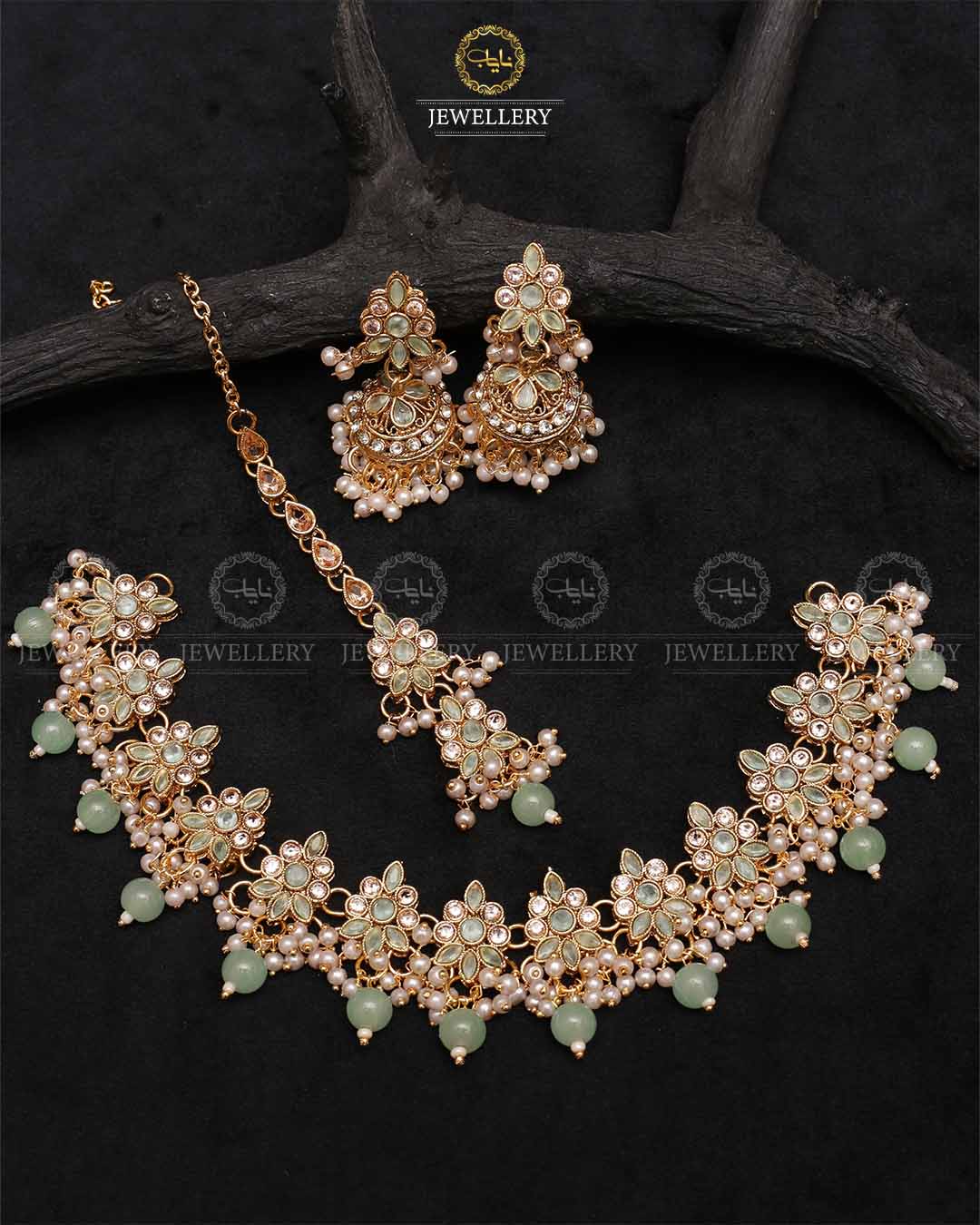 Royal Flexible choker Necklace set with jhumki tika-2236-Golden