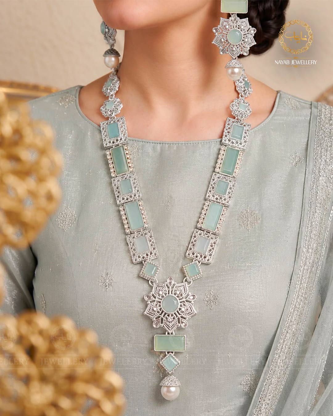 Silver Star Fancy Mala Set with Earrings NJ-1557-Silver