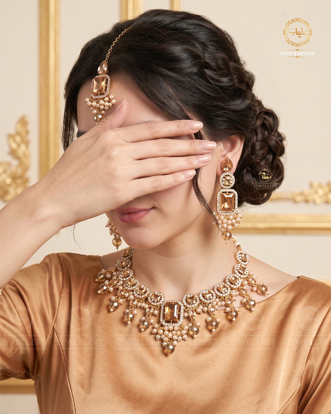 Egyptian Flexible choker Necklace set with tika-2237-Golden