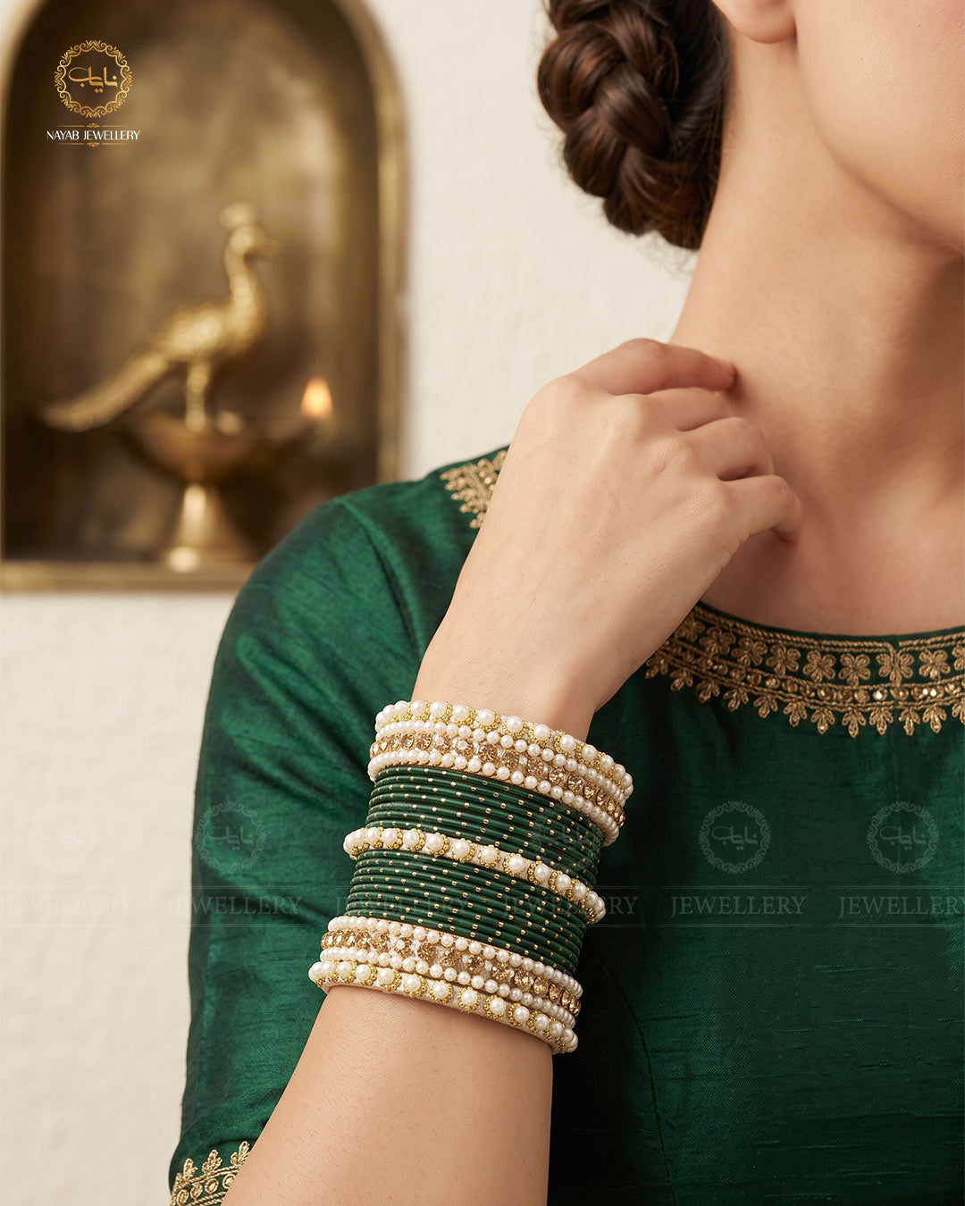 Bridal Pearl Rhinestone Dotted Bangles Set-2705