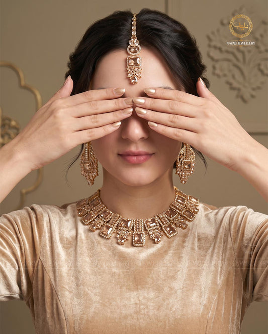 Saqure Stones Zirconia Necklace set with Tika-2178-Golden