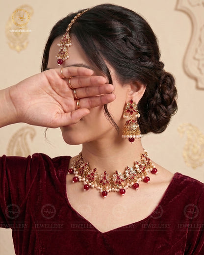 Royal Flexible choker Necklace set with jhumki tika-2236-Golden