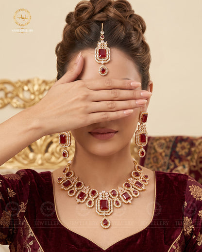 Zirconia Doublet stones Necklace set-2572-Golden