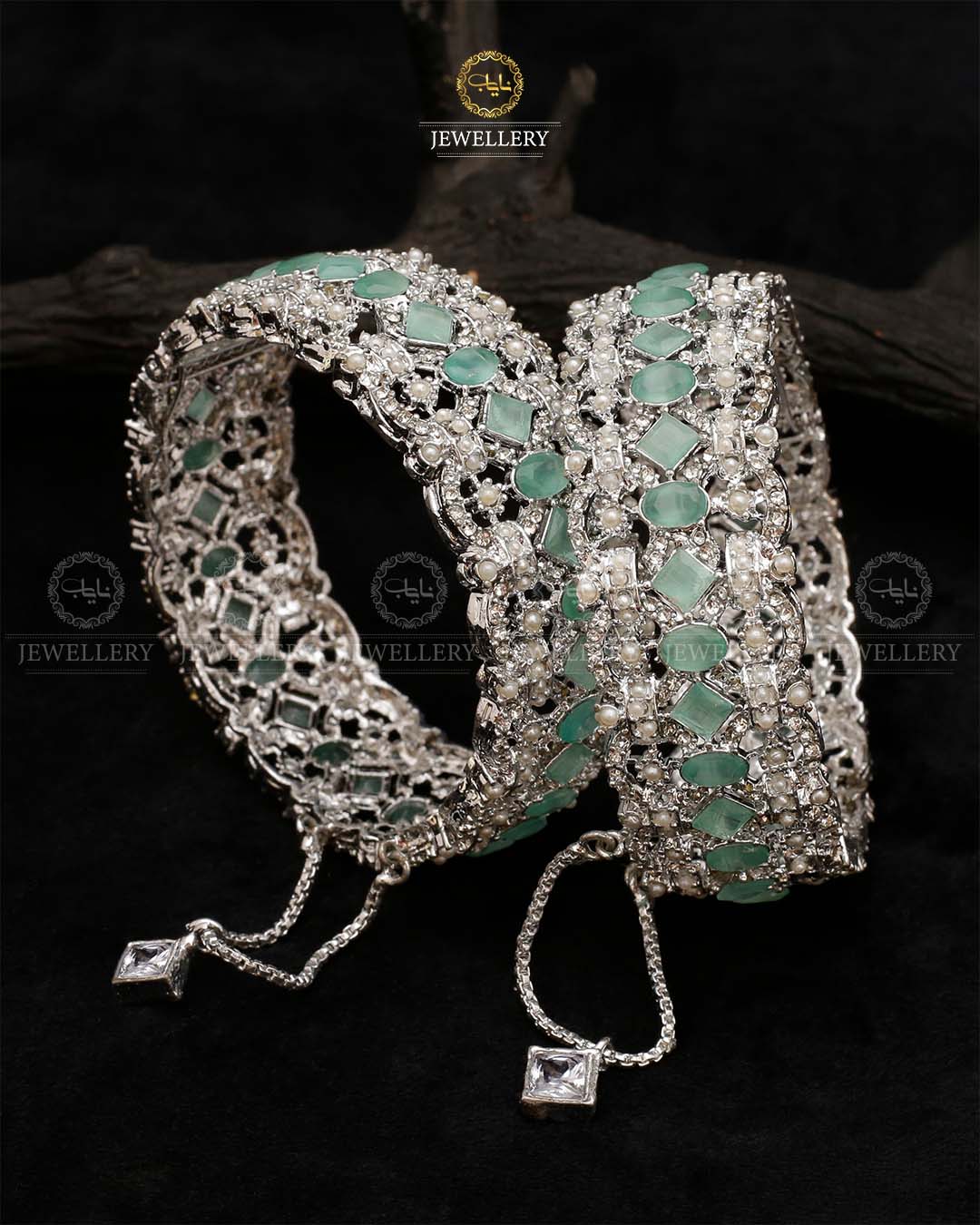 Silver  Zarcon Openable Bangles (Pair) NJ-1630-Silver Nayab Jewellery