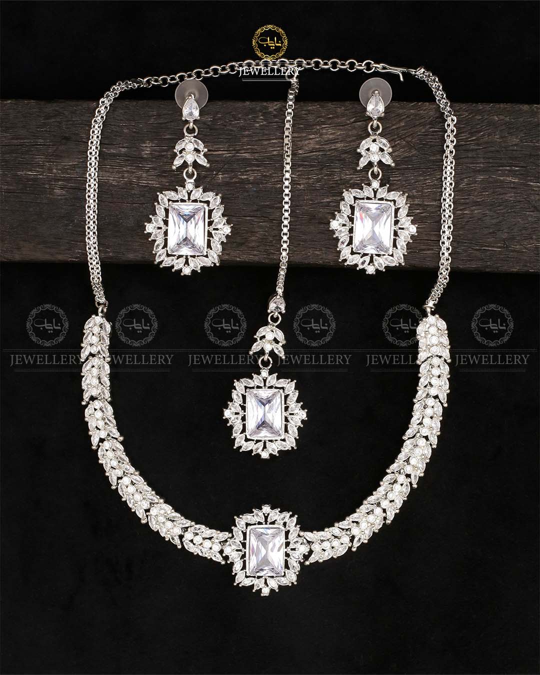 Premium Zirconia Necklace set-2537-Silver Nayab Jewellery