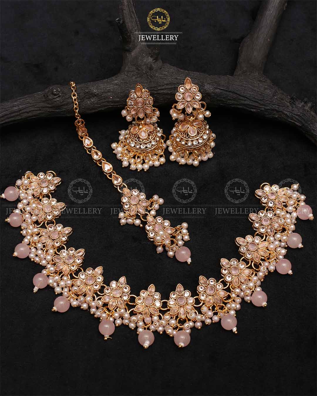 Royal Flexible choker Necklace set with jhumki tika-2236-Golden