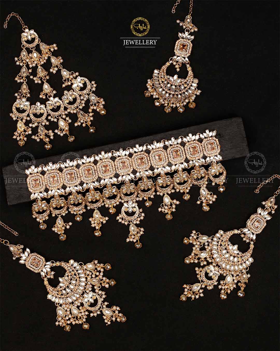 Azzaro Kundan 5 pcs Bridal set-2114-Golden