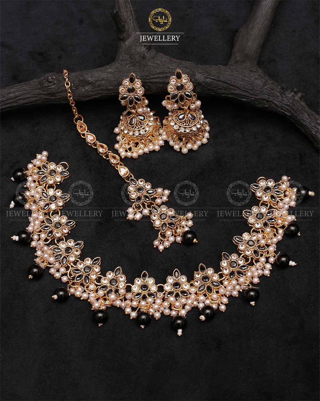 Royal Flexible choker Necklace set with jhumki tika-2236-Golden