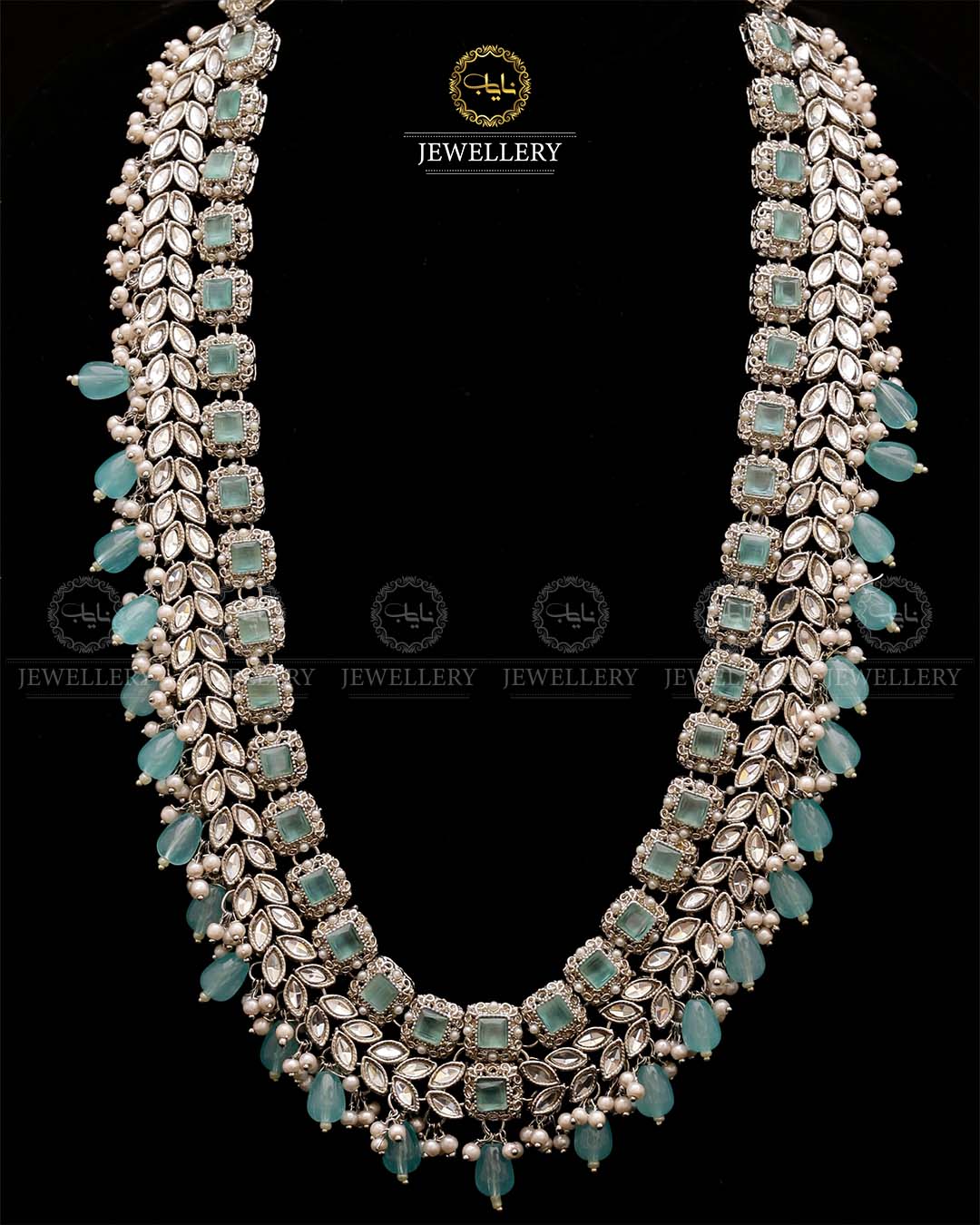 Kundan Long Bridal Mala (without Earrings)-2578-Silver Nayab Jewellery
