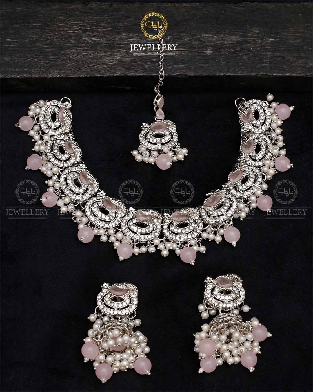 Lubaba  Necklace set with Jhumki tika N-1018-Silver