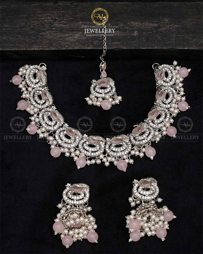 Lubaba  Necklace set with Jhumki tika N-1018-Silver
