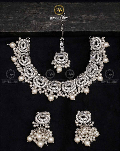 Lubaba  Necklace set with Jhumki tika N-1018-Silver