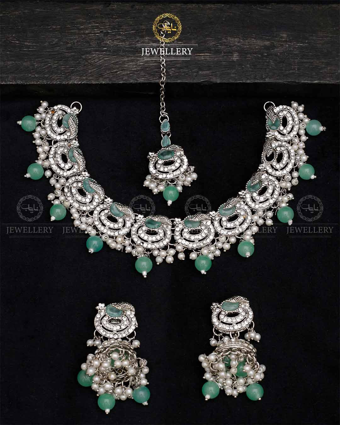 Lubaba  Necklace set with Jhumki tika N-1018-Silver