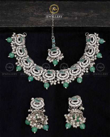 Lubaba  Necklace set with Jhumki tika N-1018-Silver
