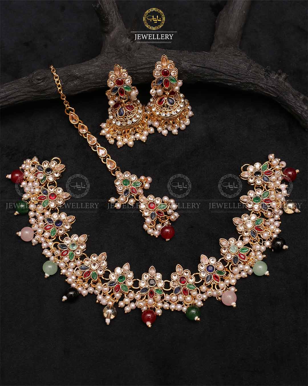 Royal Flexible choker Necklace set with jhumki tika-2236-Golden