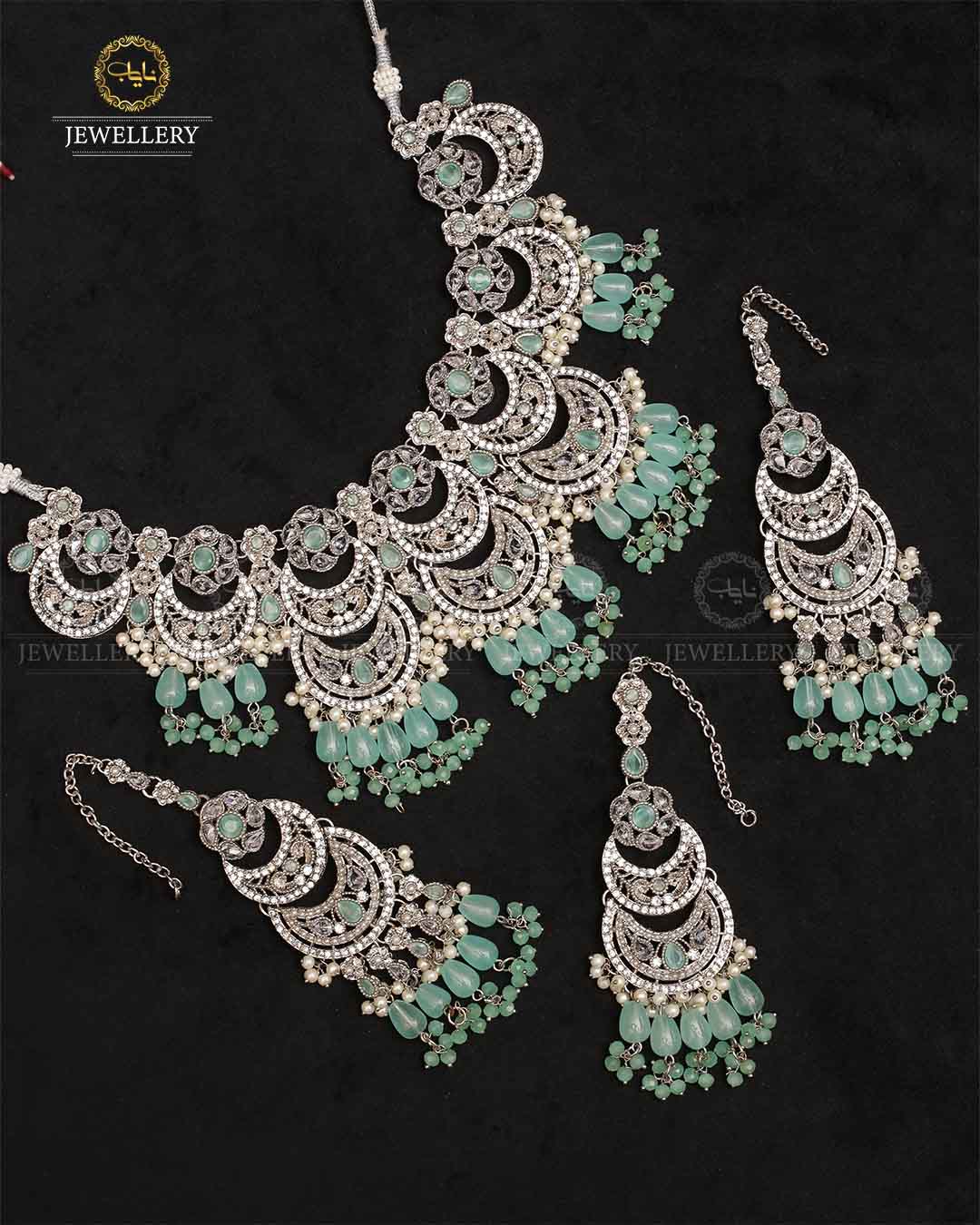 Moon Bridal jhalar Necklace set-2320-Silver