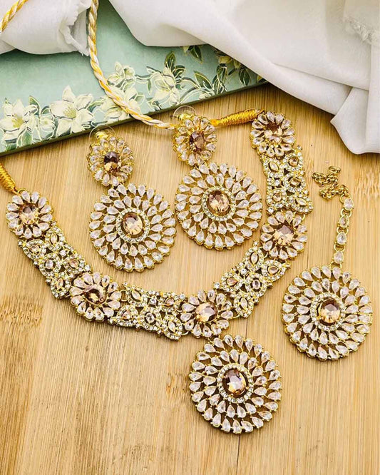Rose Zarcon Necklace set with Tika-2286-Golden Nayab Jewellery