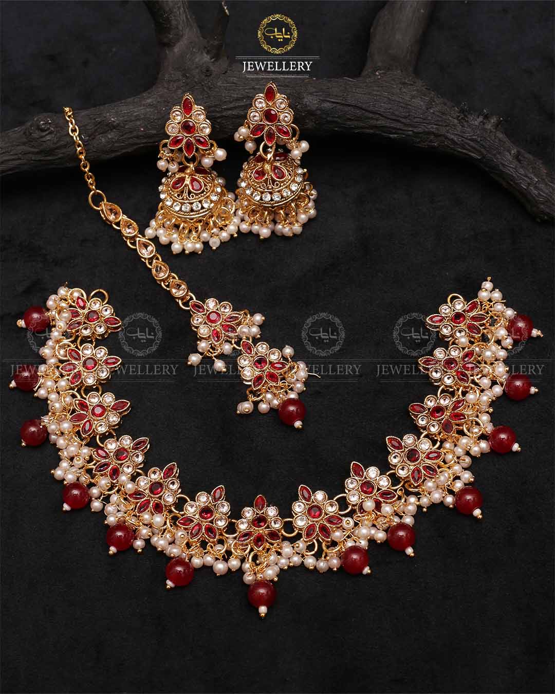 Royal Flexible choker Necklace set with jhumki tika-2236-Golden