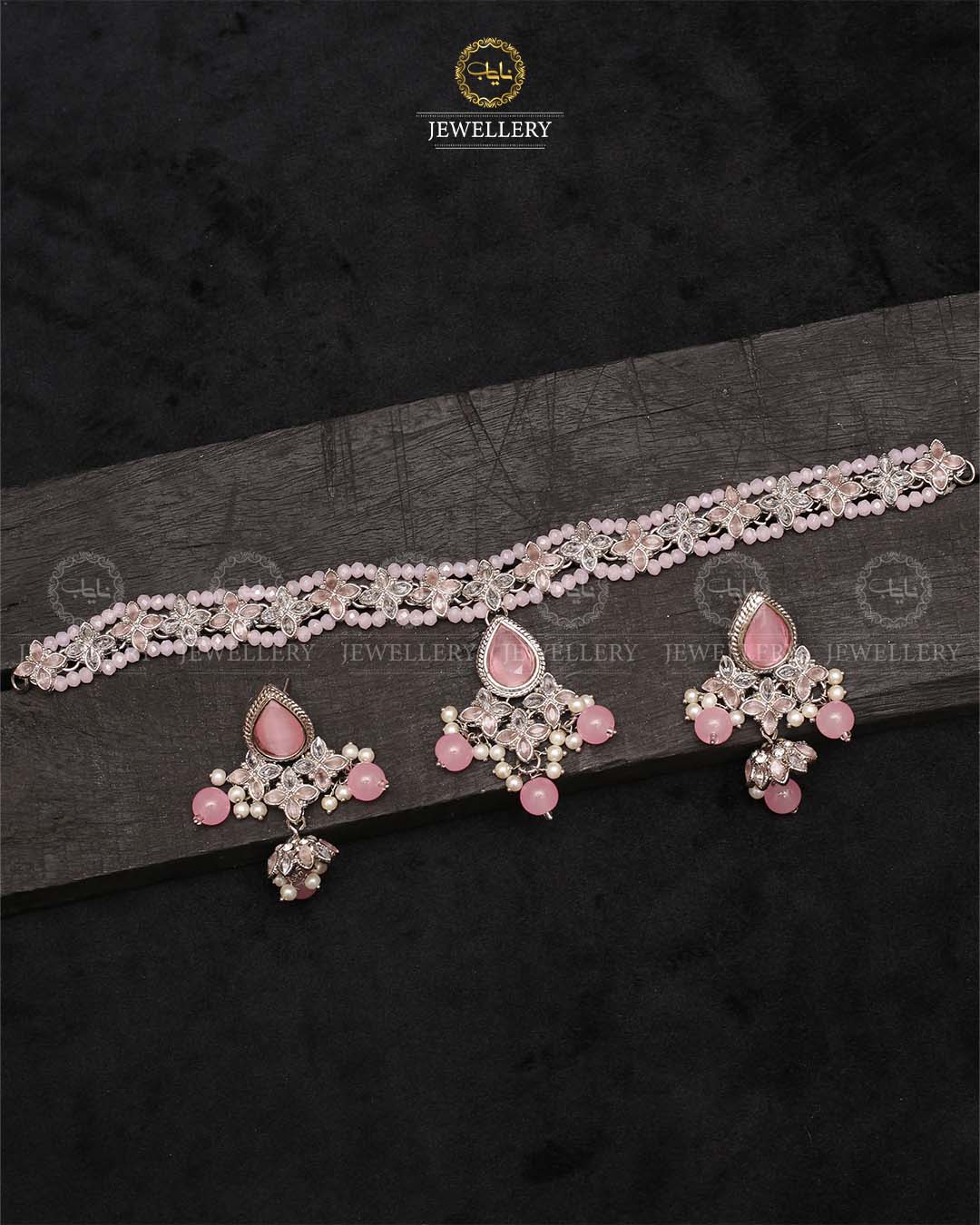 Lumiar Flexible choker patti set with jhumki-2238-Silver