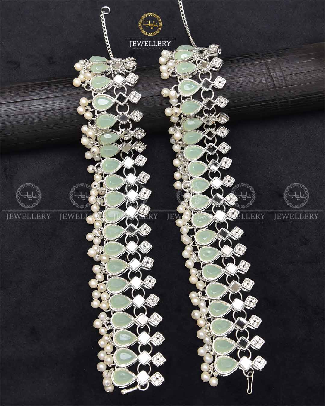 Kundan Almond Anklet (Pazaib) pair-2289-Silver