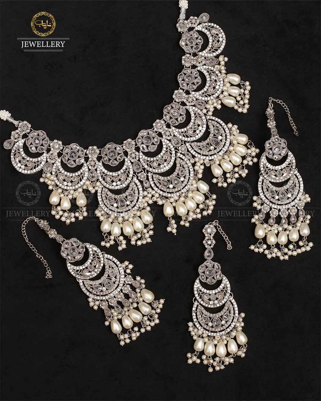 Moon Bridal jhalar Necklace set-2320-Silver