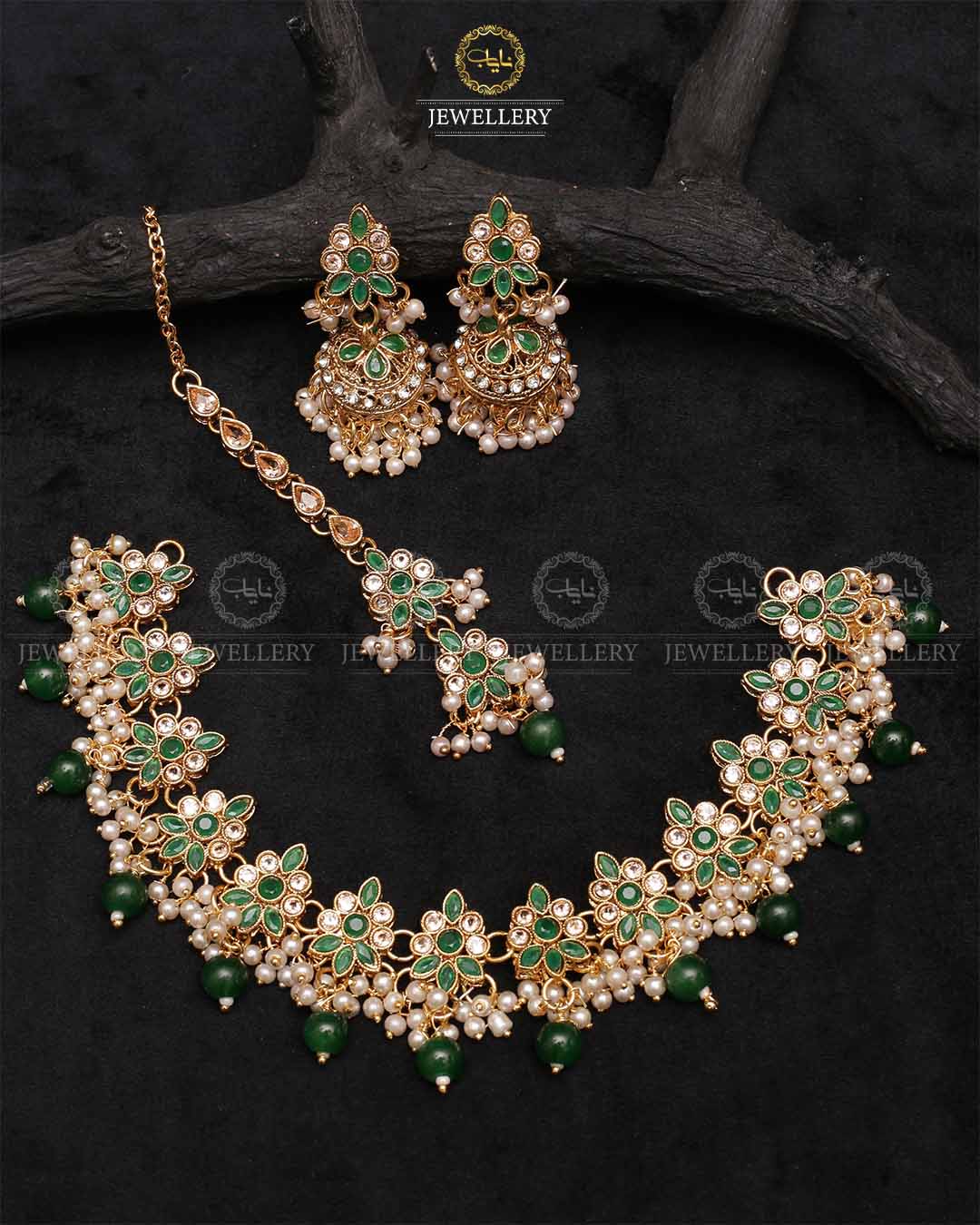 Royal Flexible choker Necklace set with jhumki tika-2236-Golden