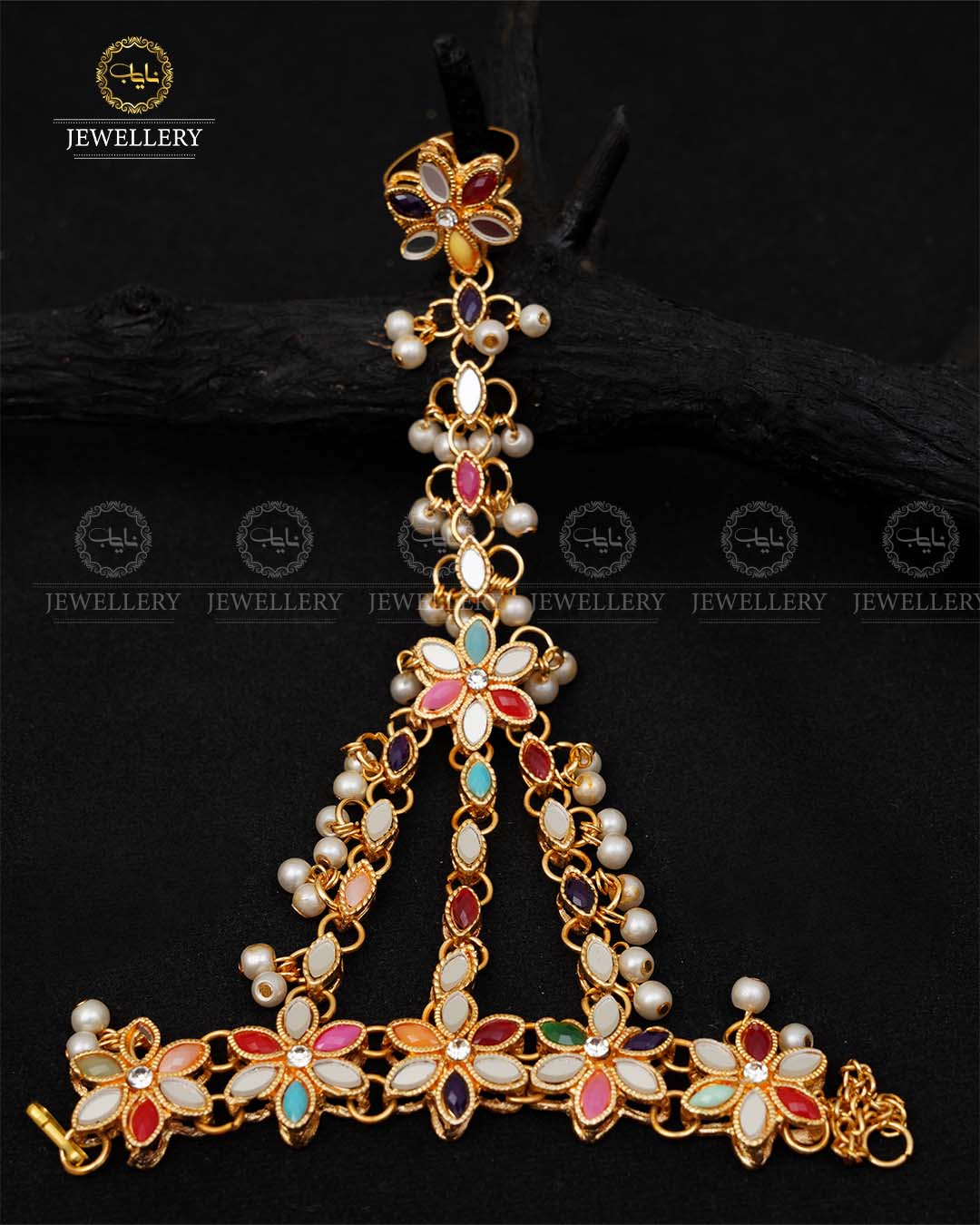 Kundan Angla (Bracelet with Ring)-2042-Golden