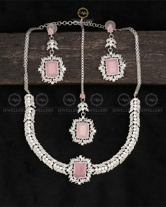 Premium Zirconia Necklace set-2537-Silver Nayab Jewellery