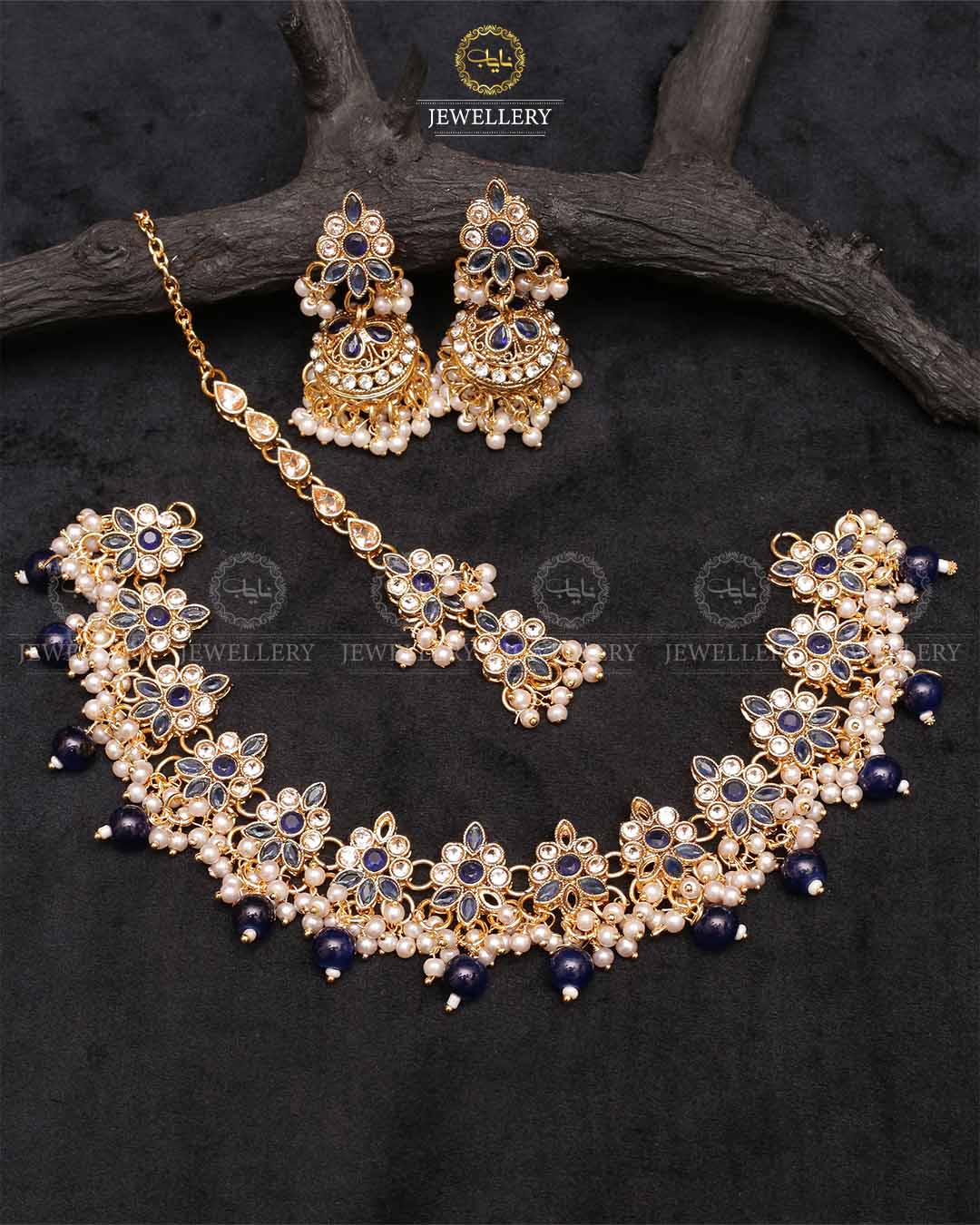 Royal Flexible choker Necklace set with jhumki tika-2236-Golden