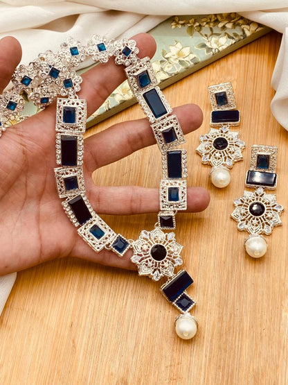 Silver Star Fancy Mala Set with Earring NJ-1557-Silver