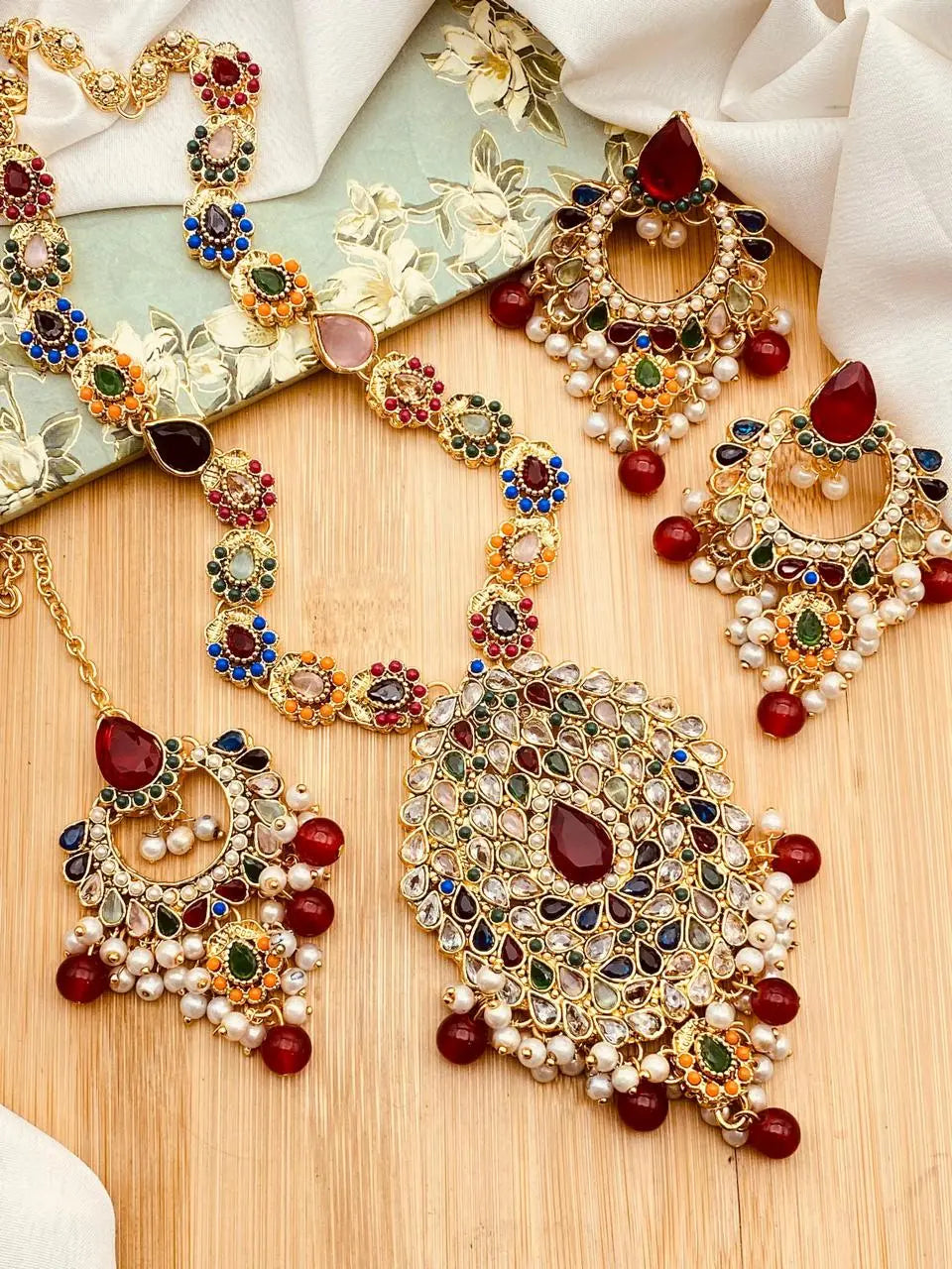 Aqua Mala Set with Hoops & Tika -2266 Nayab Jewellery
