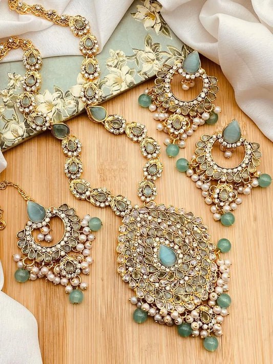Aqua Mala Set with Hoops & Tika -2266 Nayab Jewellery
