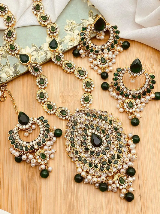 Aqua Mala Set with Hoops & Tika -2266 Nayab Jewellery