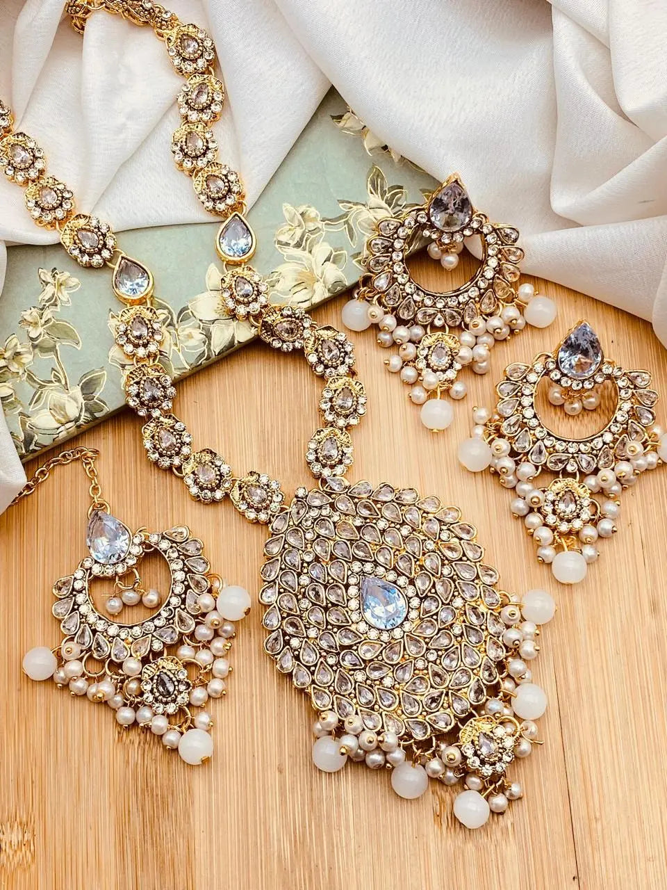Aqua Mala Set with Hoops & Tika -2266 Nayab Jewellery