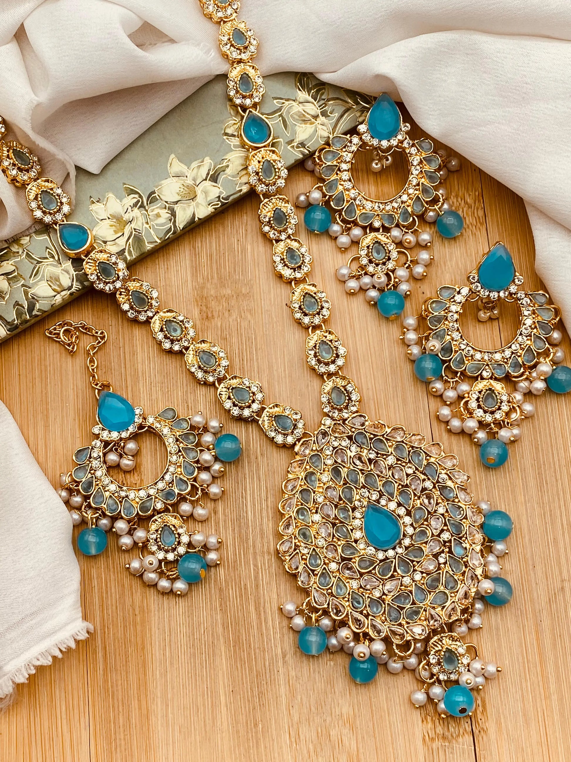Aqua Mala Set with Hoops & Tika -2266 Nayab Jewellery