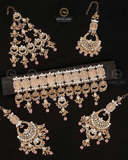 Azzaro Kundan 5 pcs Bridal set-2114-Golden Nayab Jewellery