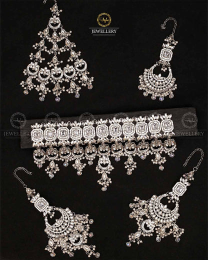 Azzaro Kundan 5 pcs Bridal set-2114-Silver Nayab Jewellery