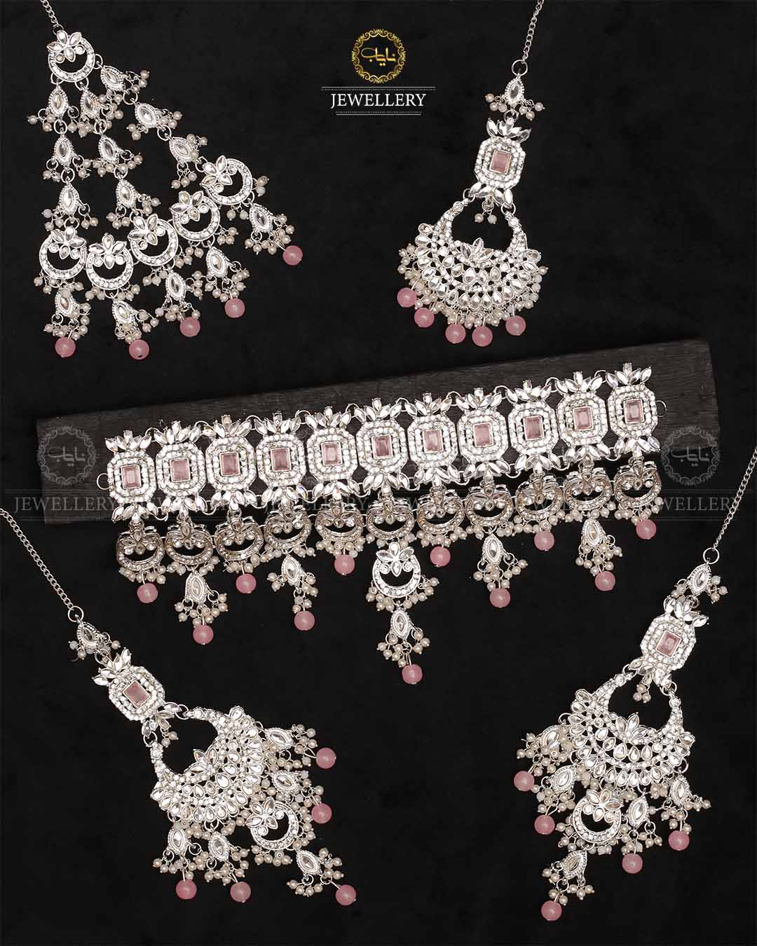 Azzaro Kundan 5 pcs Bridal set-2114-Silver Nayab Jewellery