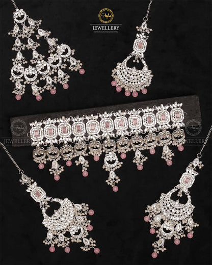 Azzaro Kundan 5 pcs Bridal set-2114-Silver Nayab Jewellery