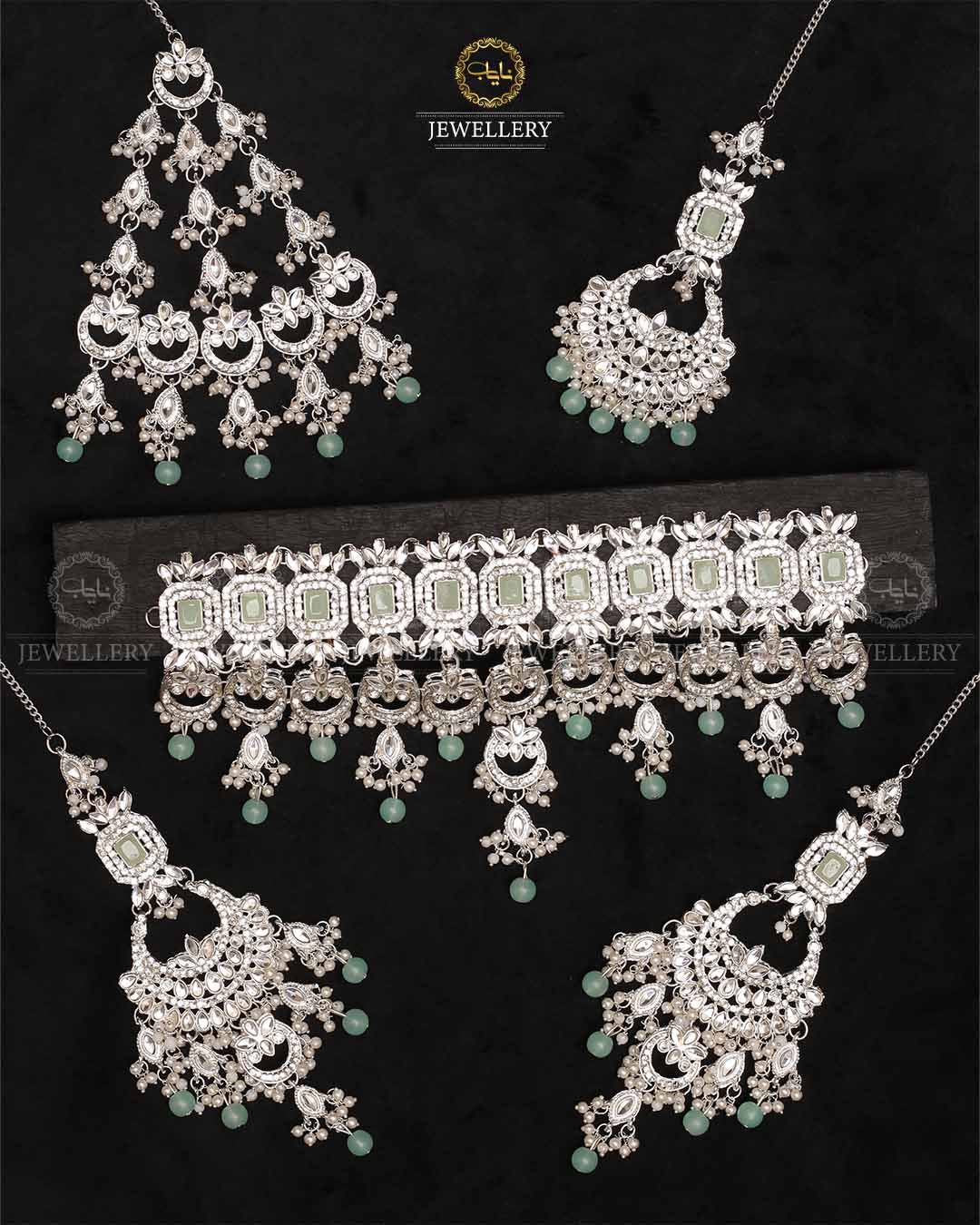 Azzaro Kundan 5 pcs Bridal set-2114-Silver Nayab Jewellery