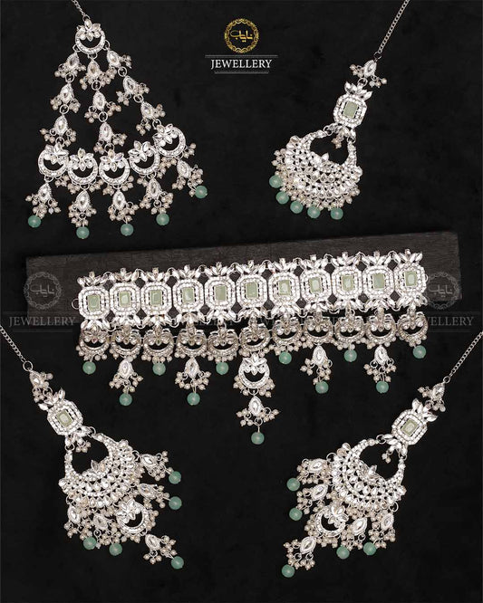 Azzaro Kundan 5 pcs Bridal set-2114-Silver Nayab Jewellery