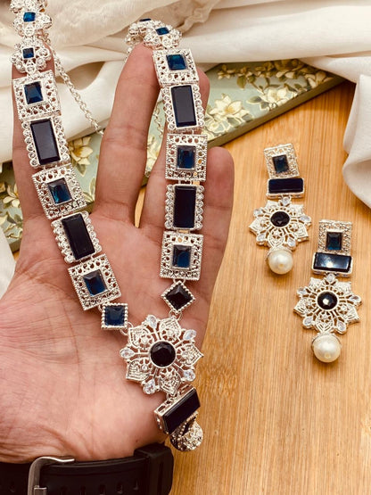 Silver Star Fancy Mala Set with Earring NJ-1557-Silver