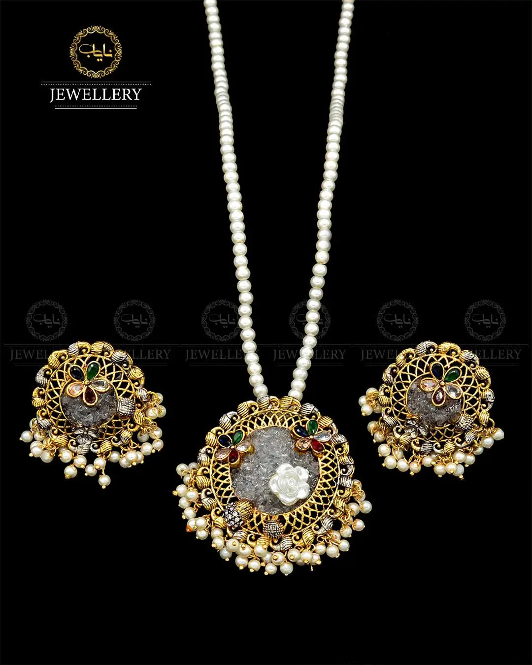 Crush Locket set with pearl mala NJ-1818 Nayab Jewellery