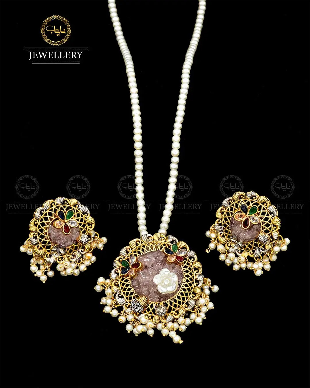 Crush Locket set with pearl mala NJ-1818 Nayab Jewellery