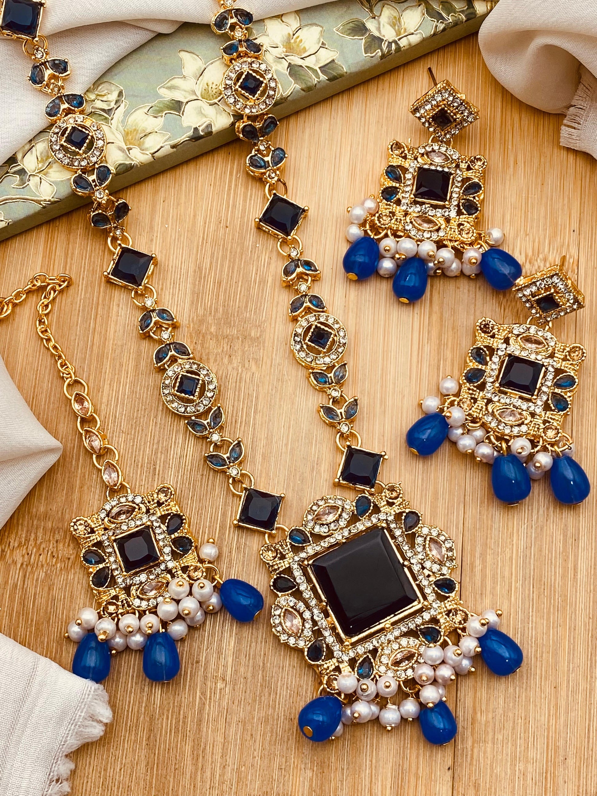 Egyptian Gems Square Stones Mala set with Tika-2046 Nayab Jewellery