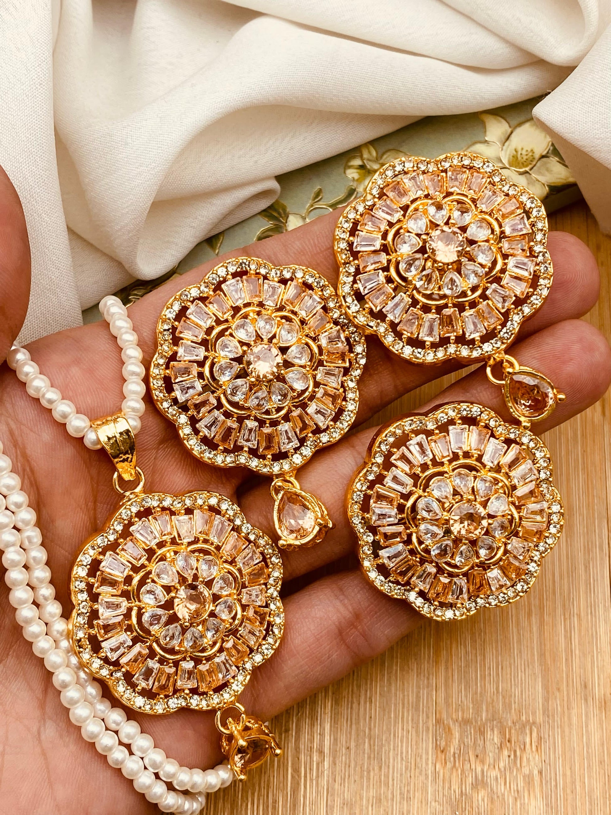 Zirconia Flower Locket Combo set with Mala-2458-Golden Nayab Jewellery