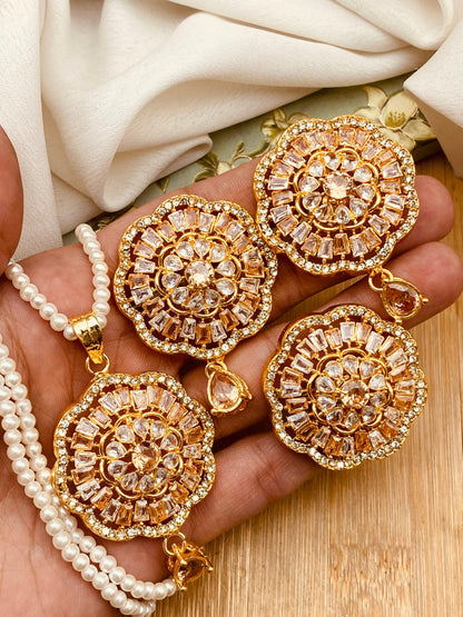 Zirconia Flower Locket Combo set with Mala-2458-Golden Nayab Jewellery