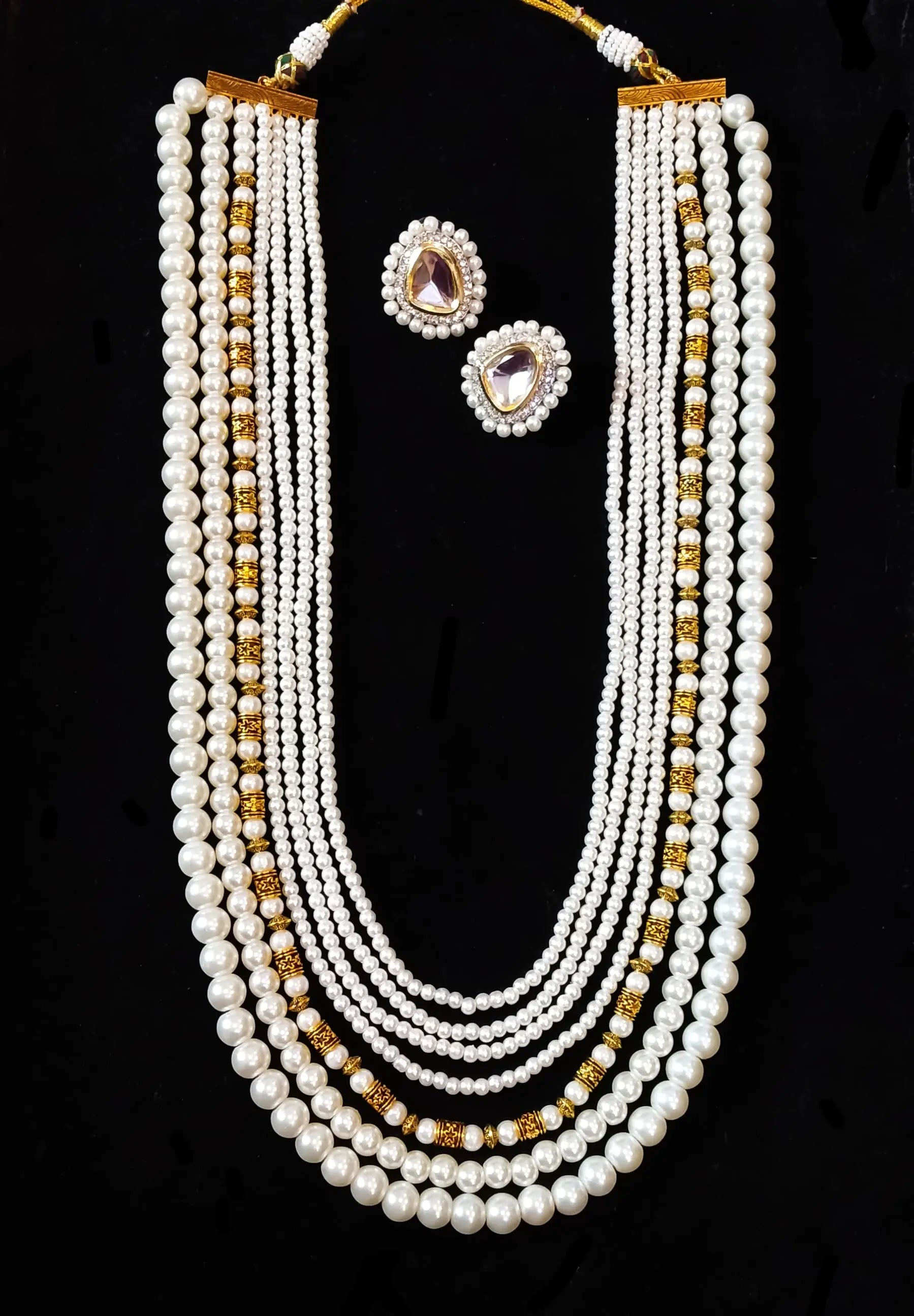 Designer Copper Pearl Mala With Uncut Kundun Studs-2077 Nayab Jewellery